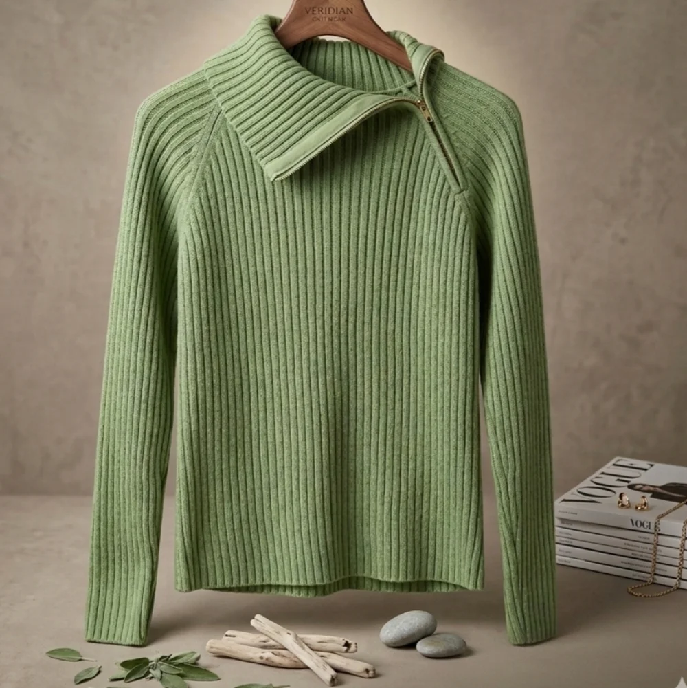 Reitmans XL Sage Green Ribbed Mock Neck Sweater Zipper Detail Soft Cotton Knit - Picture 1 of 12